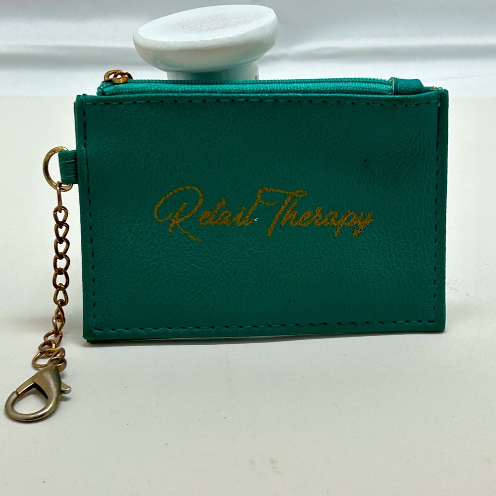 Retail Therapy Card And Cash Holder Ker Chain, Green And Gold